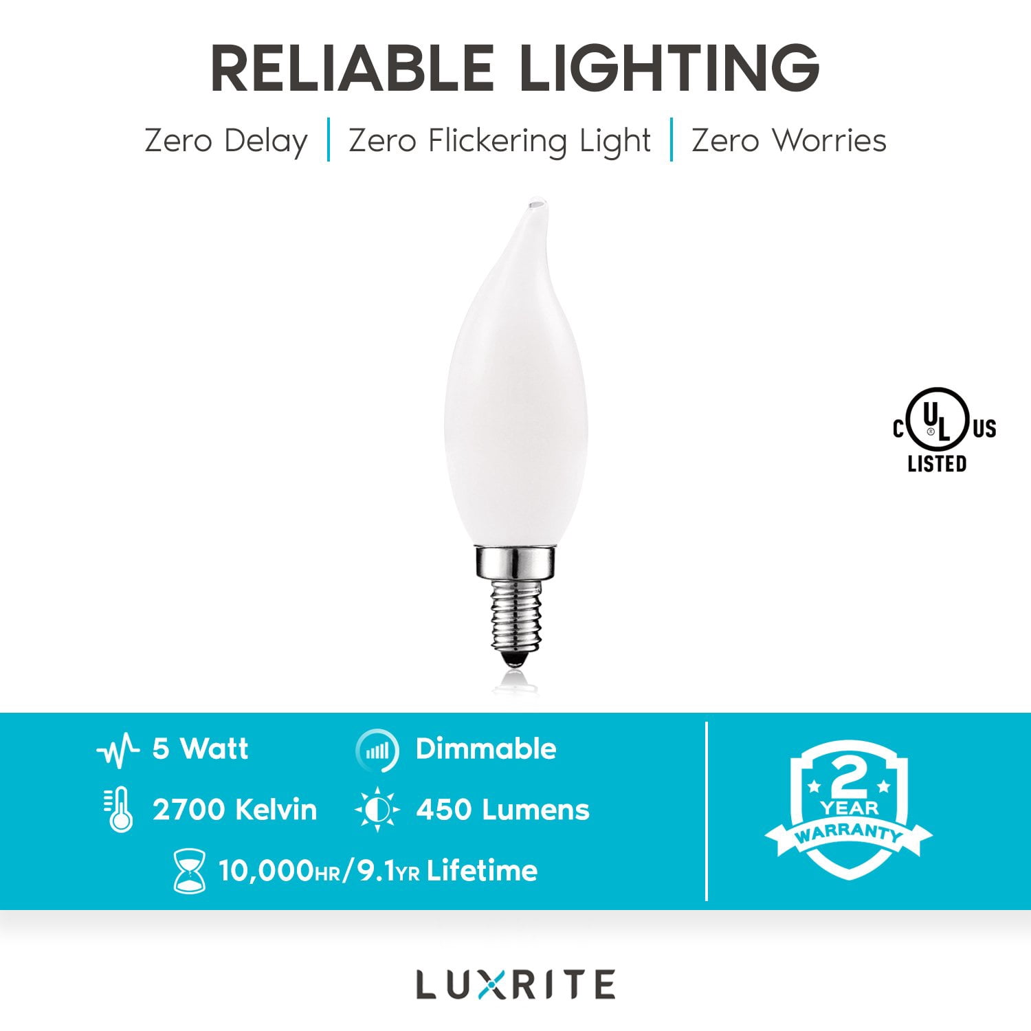 Luxrite E12 LED Chandelier Frosted Light Bulbs, Dimmable, 60 Watt Equivalent, 2700K Warm White, 450 Lumens, Flame Tip, 16-Pack