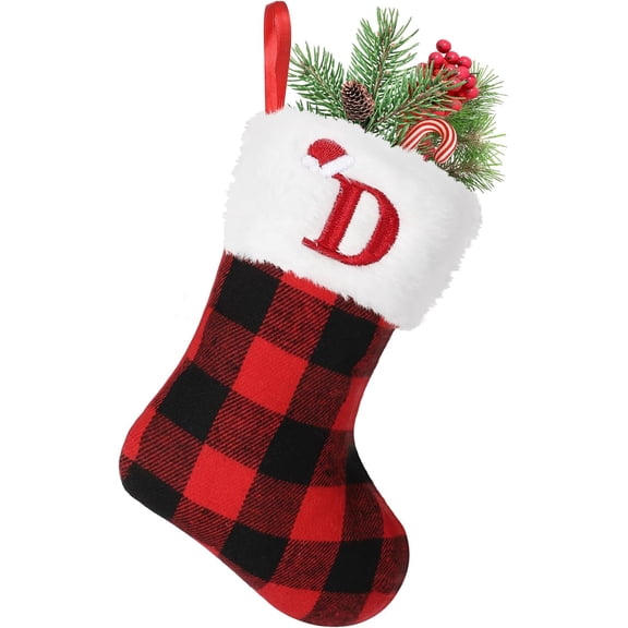 1Pack 8in Initial Monogram Christmas Stocking Red Buffalo Plaid Christmas Stocking with Embroidered Letter Personalized Mini Christmas Stocking White Plush Xmas Stocking for Xmas Tree Fireplace Decor