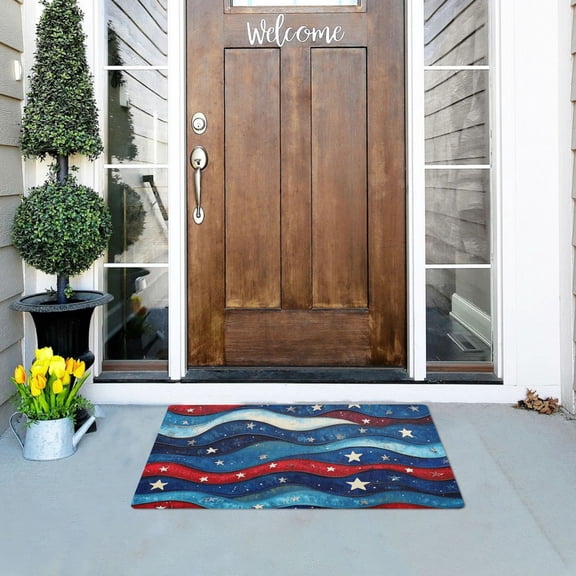 Retro Waves Stars Red White Blue Doormats Welcome Mats Gate Pads Entryway Outdoor 32" x 20"