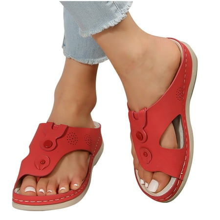

Orthopedic Bunion Support Sandals for Women Clearance Extra Wide Leather Shoes with Arch Support Plantar Fasciitis Breathable Comfort Wedge Flip Flops for Outdoor Indoor Hiking Walking