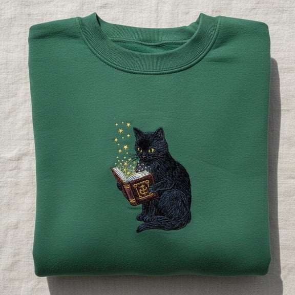 Magical Black Cat Reading Embroidered Crewneck, Witchy Cat Lover Gift, Book Lover Feline Sweatshirt, Mystic Sparkle Shirt