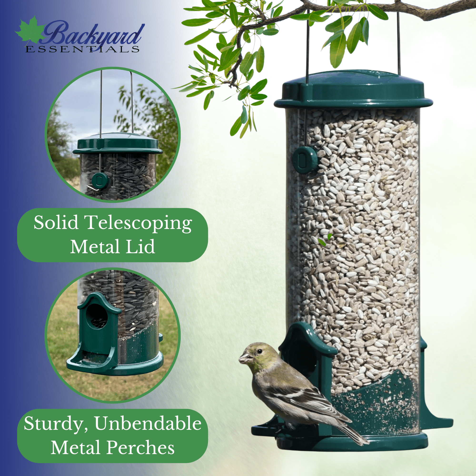 Backyards Essentials Tube Bird Feeder Petite Green Metal Finch Feeder, 4 Cup Capacity