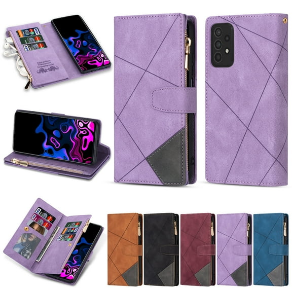 Samsung Galaxy A53 5G Case Zipper Wallet with 9 Card Holder, A53 5G Case  Women Men, Strap Wristlet Wristband Magnetic Closure Kickstand Flip Phone Cover  Samsung A53 5G 6.5", Purple