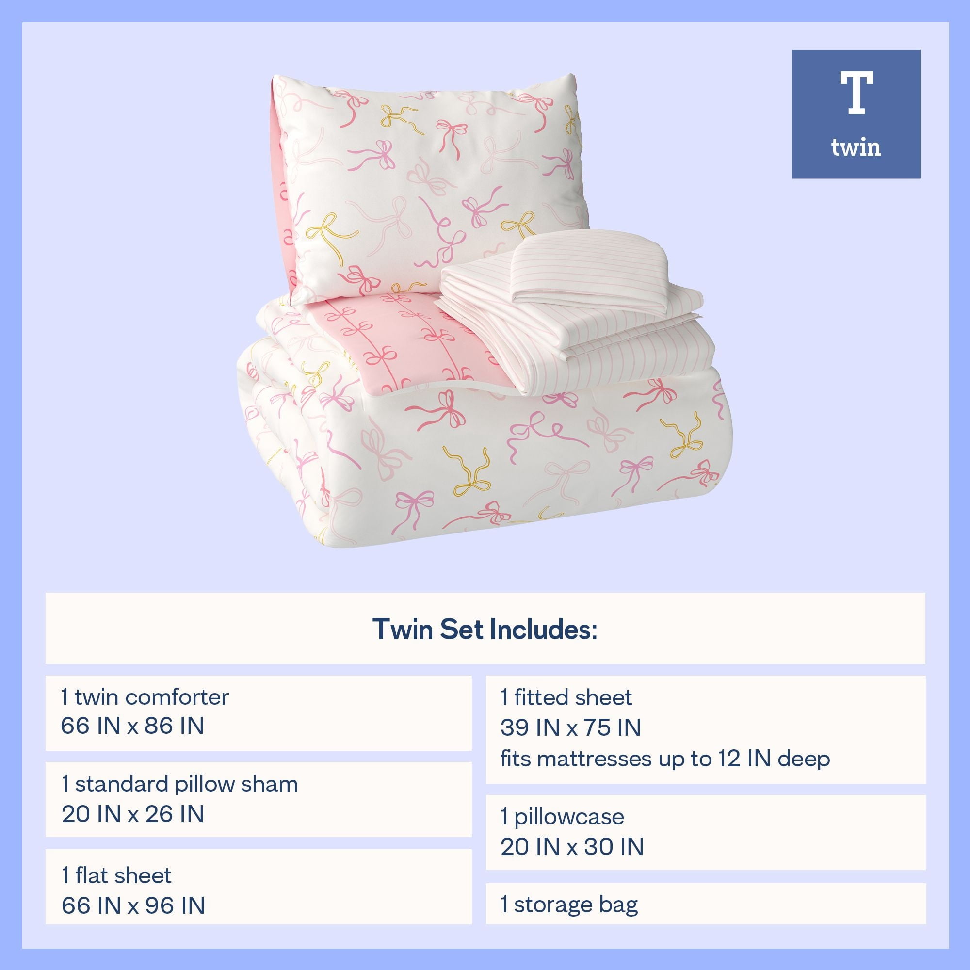 Mainstays Kids Bows Reversible Comforter Set with Sheets, Tw