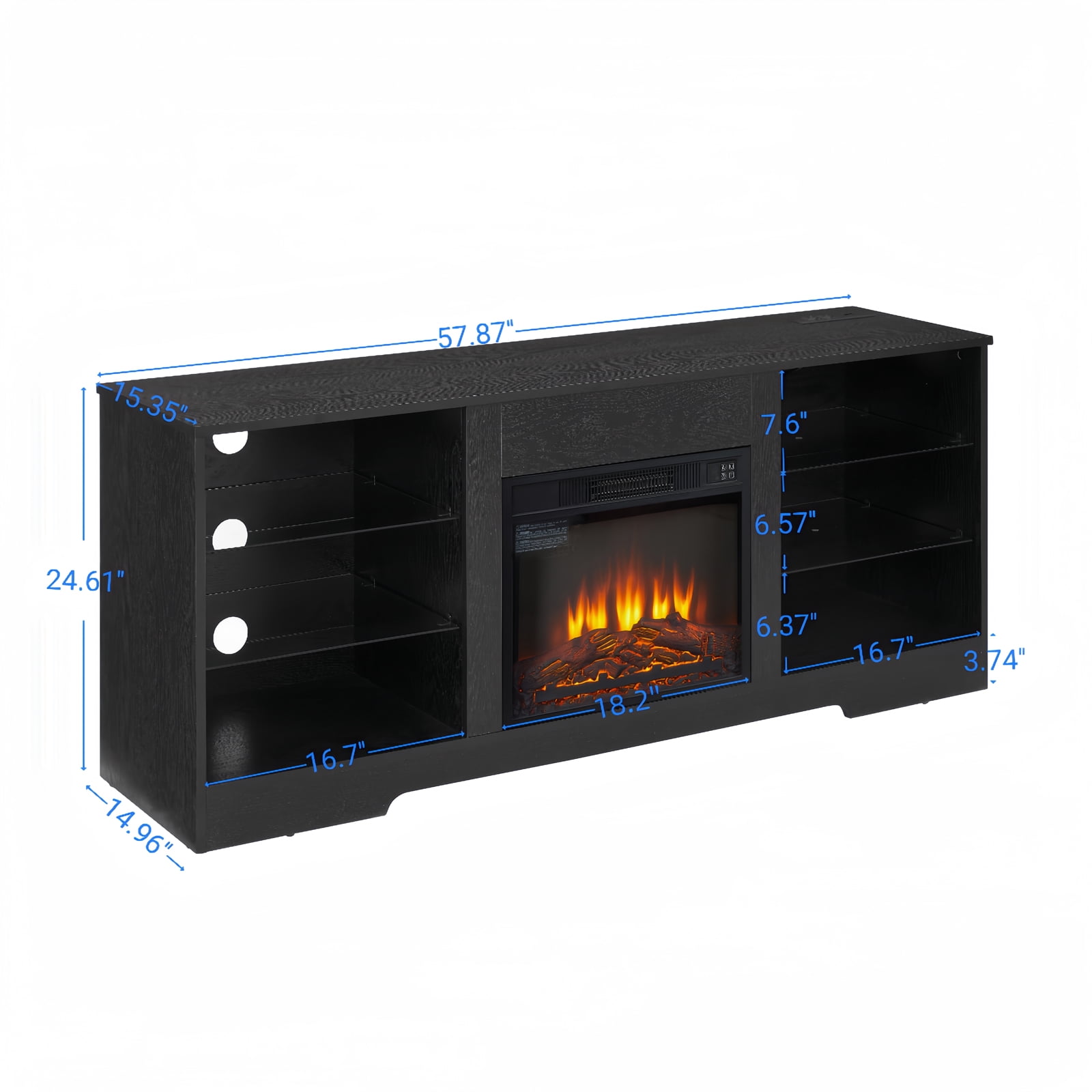 Homhougo 14000W Electric Fireplace TV Stand for 55 inch TV, Entertainment Center with 18'' Fireplace and LED Lights, 7 Flame Color Setting TV Console with Open Glass Shelf, Black