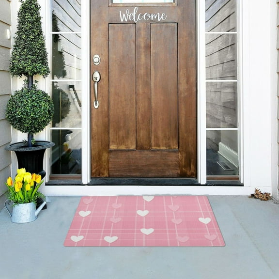 Pink Plaids Cute Hearts Valentine Doormats Welcome Mats Gate Pads Entryway Outdoor 32" x 20"