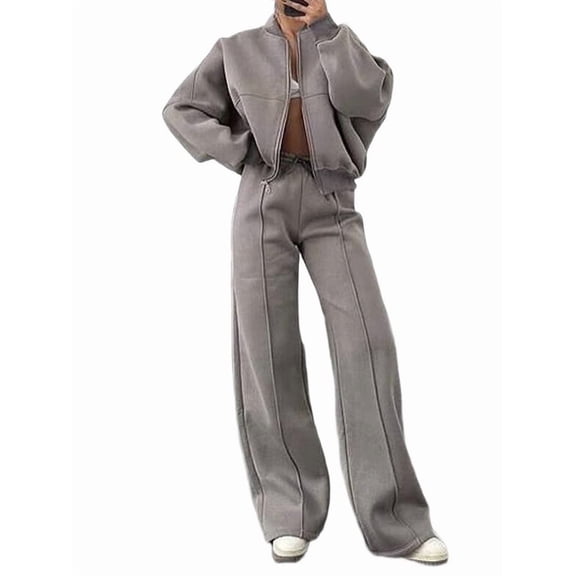 Women 2 Piece Sweatsuits Set Zip Up Sweatshirt Wide Leg Sweatpants Loungewear Outfit Khaki S