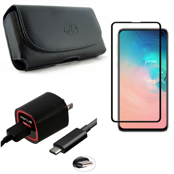 Galaxy S10e Home Charger w Screen Protector w Case Belt Clip - 2.4A USB Cable TYPE-C, Tempered Glass 5D Curved Edge, Leather Holster Cover for Samsung Galaxy S10e Phone