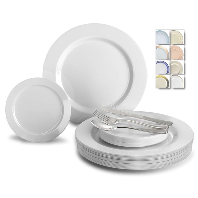 " OCCASIONS " 300 Pcs Set & 60 Guest Wedding Disposable Plastic Plate & Silverware Combo Set (Plain white plates, Silver Silverware)