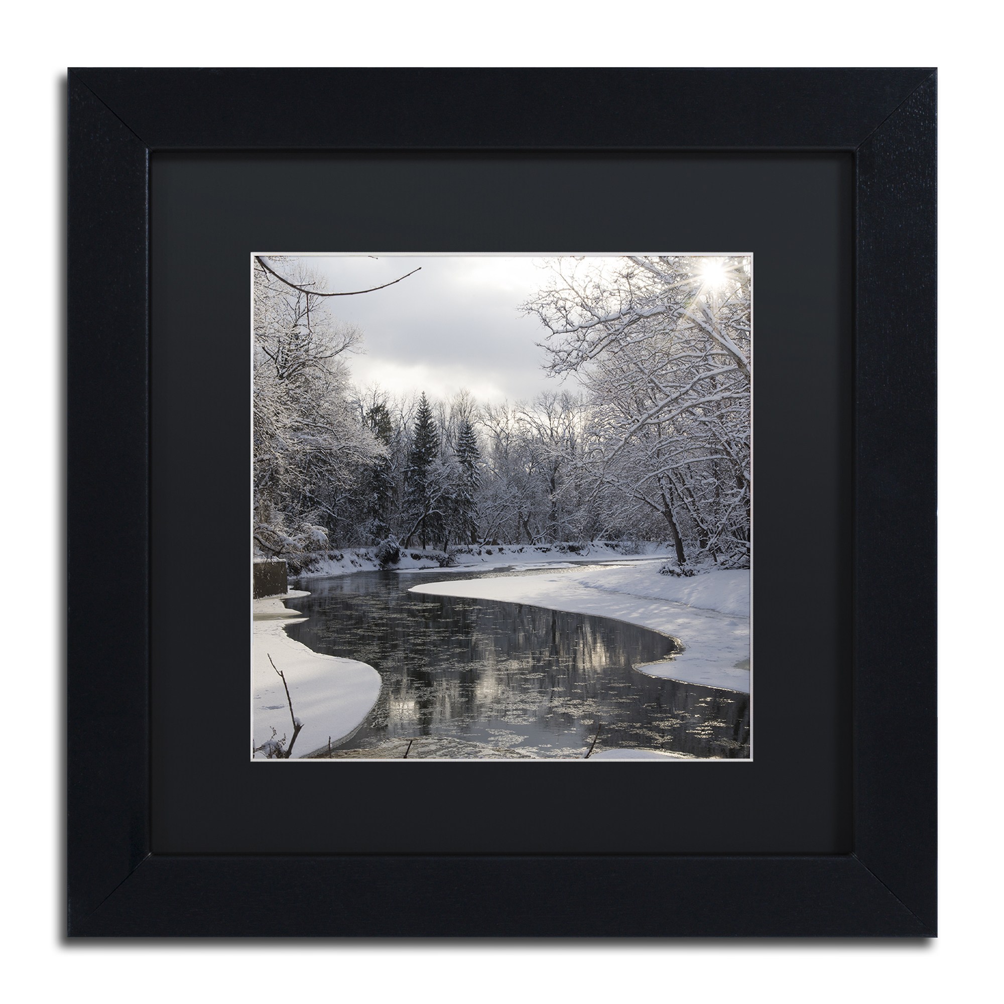 Trademark Fine Art "Fresh Snowfall on the River" Canvas Art by Kurt Shaffer Black Mat, Black Frame