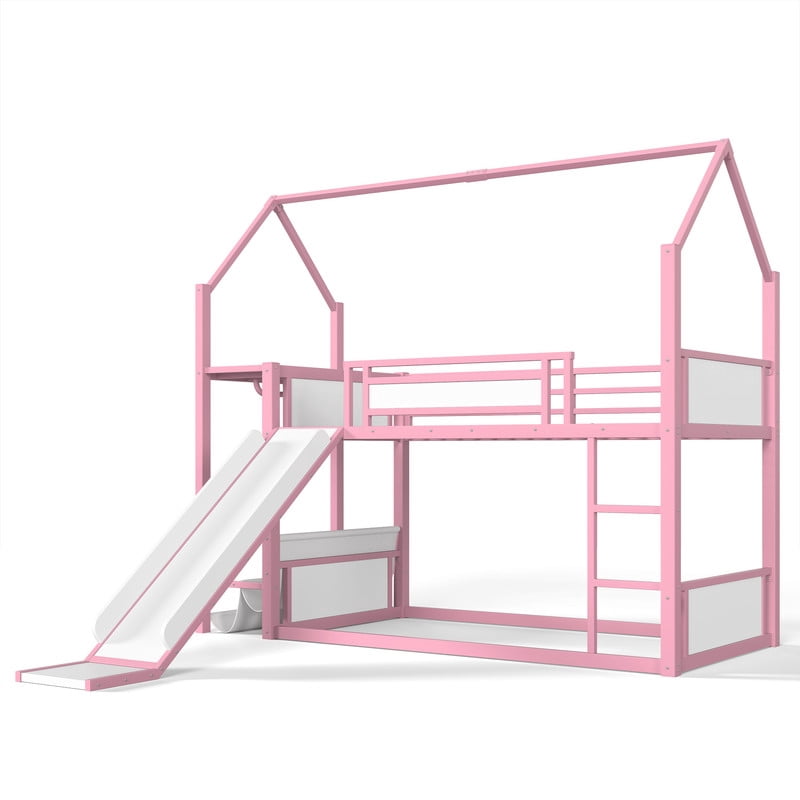 Twin Over Twin Metal Bunk Bed with Slide, LED Hanging Area, Fabric Storage Shelf, Power Outlet, House-Shaped Playhouse Frame, Safety Guardrails, Ladder, Low Profile Kids Bunk Bed