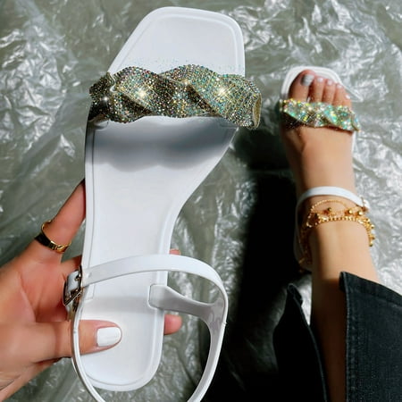 

PhoneSoap Women Shoes Fashion Sandals Flat Open Toe Colored Diamonds Sandals Summer Casual Fashion Sandals White