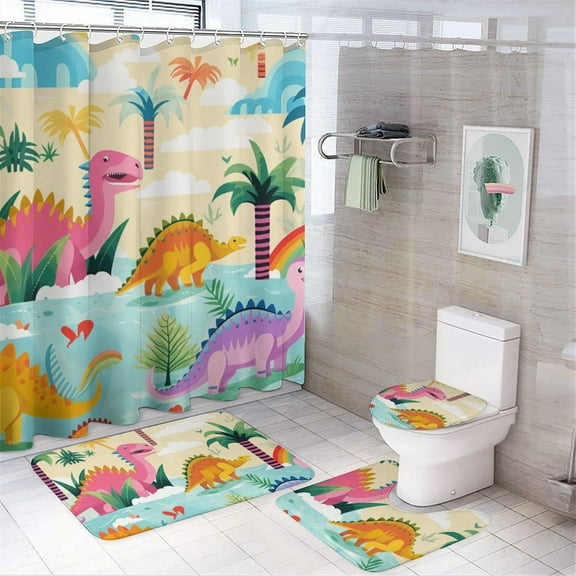 Dinosaur 4 Piece Shower Curtain Sets, Non-Slip Rugs, Toilet Lid Cover And Bath Mat, for Bathroom Decor Set, 72" X 72"