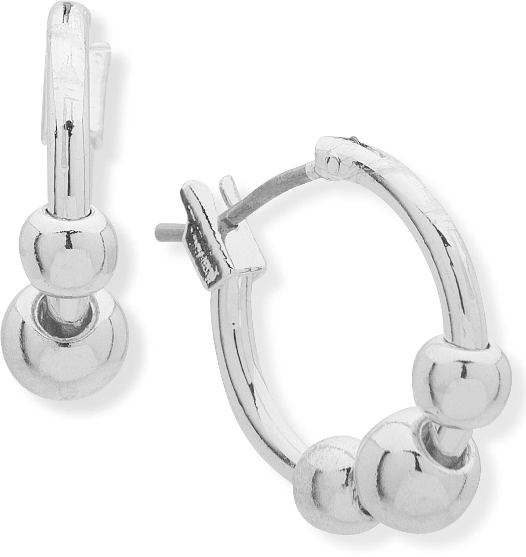 Chaps Women's Silver Tone 14mm 3 Bead Hoop Click It Closure Earrings