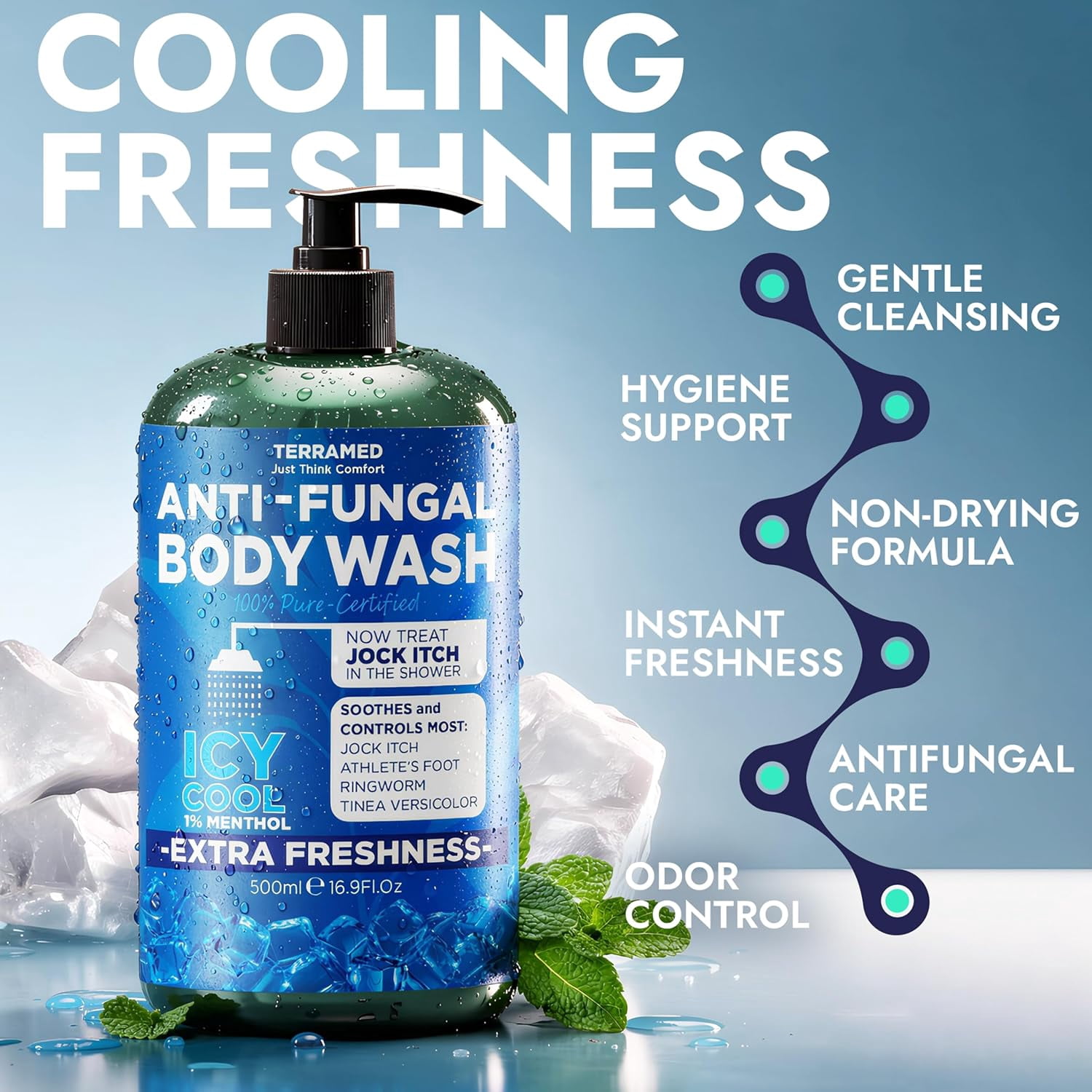 Antifungal Body Wash | Antifungal Soap with 1% Tolnaftate | Medicated Jock Itch Treatment for Ringworm & Athlete’s Foot | Cooling Effect Menthol Body Wash | Includes Scrubber 16.9 Fl oz