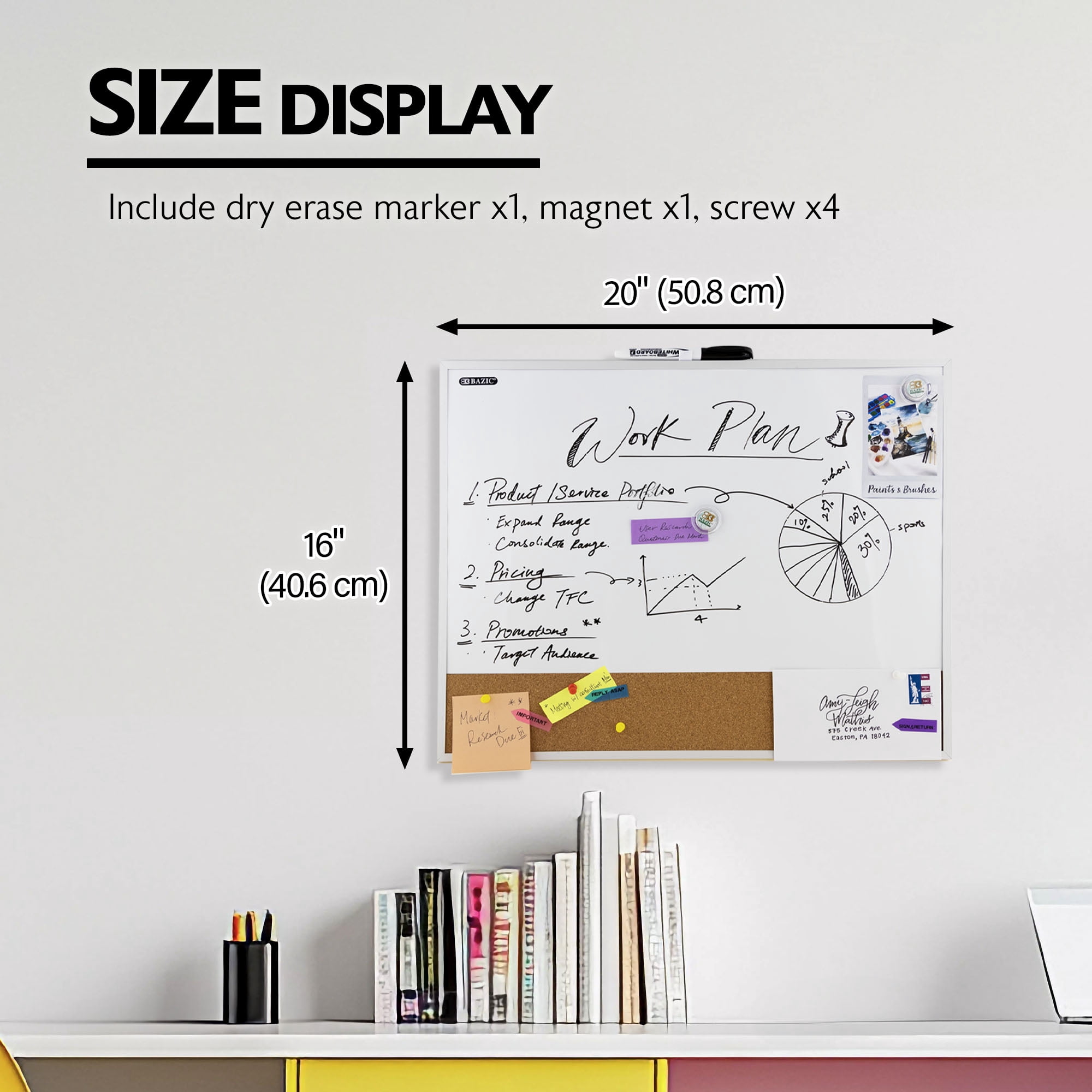 Bazic Magnetic Cork & Dry Erase Whiteboard Aluminum Frame 16" x 20" (BAZ6053)
