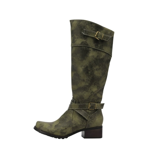 Womens Winter Boots With Belt Buckle Round Toe Low Heel Side Zipper Warm High Boots