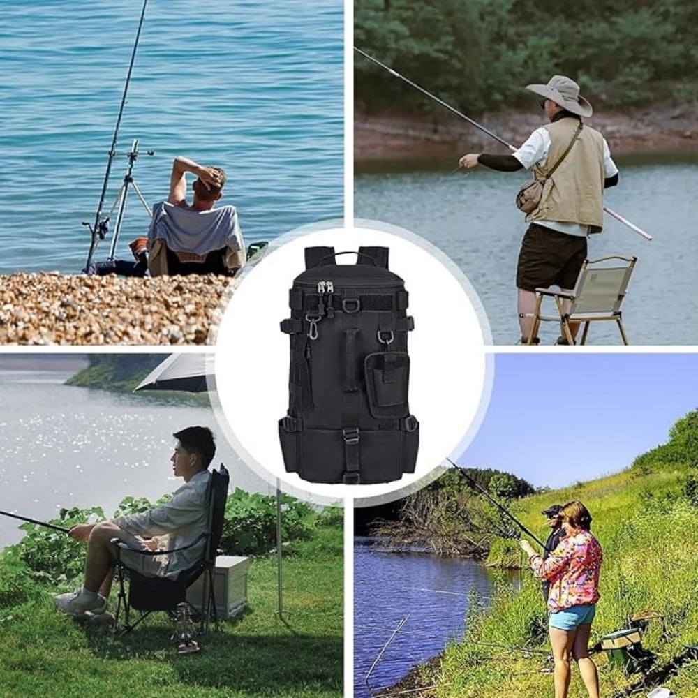 Fishing Backpack Tackle Bag, Kvago Fishing Bag Shoulder Bag with Rod Holders, Storage Bag for Outdoor Activities, Fishing, Camping, Hiking, Cycling (8.27 x 6.69 x 16.93 in, Black)