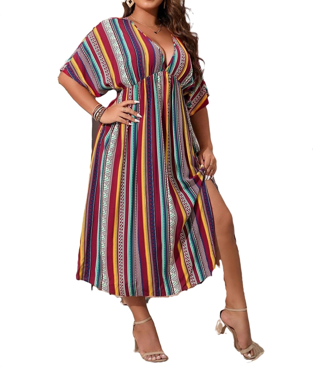 Womens Plus Size Dresses Boho Tribal Deep V Neck A Line Multicolor 1XL