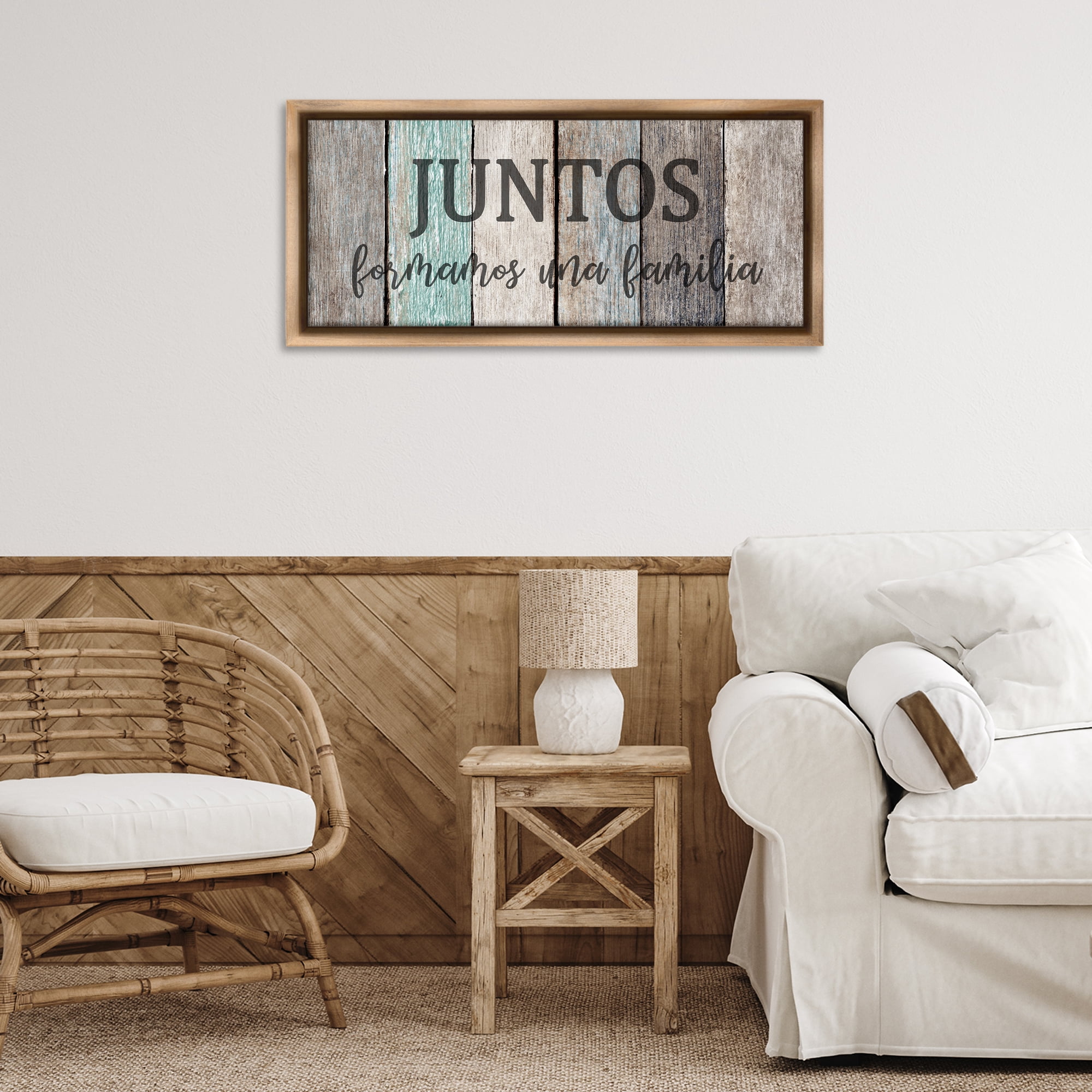 Stupell Industries Juntos Formamos una Familia Inspirational Quotes & Sayings Painting Brown Floater Framed Art Print Wall Art, 31 x 14