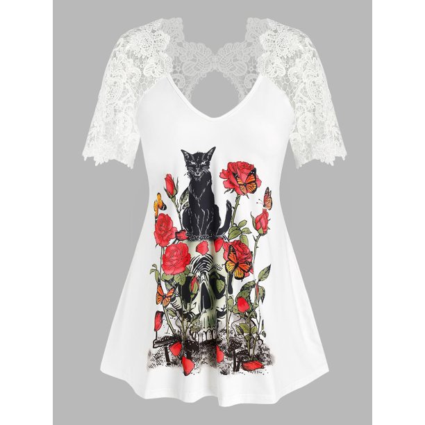Talla grande Inserción de encaje Inserción Corte Floral Cráneo Imprimir Tee Rosegal Camisetas tallas grandes
