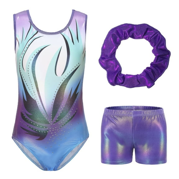 Baywell Girls Flame Sleeveless Athletic Dance Gymnastic Leotards Bodysuit Outfit with Short and Hair Ring 3pcs Set Blue A 5-12Y