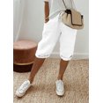 thumbnail image 1 of Pantalones casuales elásticos de bolsillo sencillos de moda de algodón y lino para mujer, pantalones de mujer, pantalones de cinco cuartos, 1 of 6