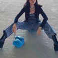 thumbnail image 2 of (Con video) Pantalones rectos ajustados de cintura alta con estampado de ondas para mujer, estilo azul L 2021ins, nueva moda, 2 of 7