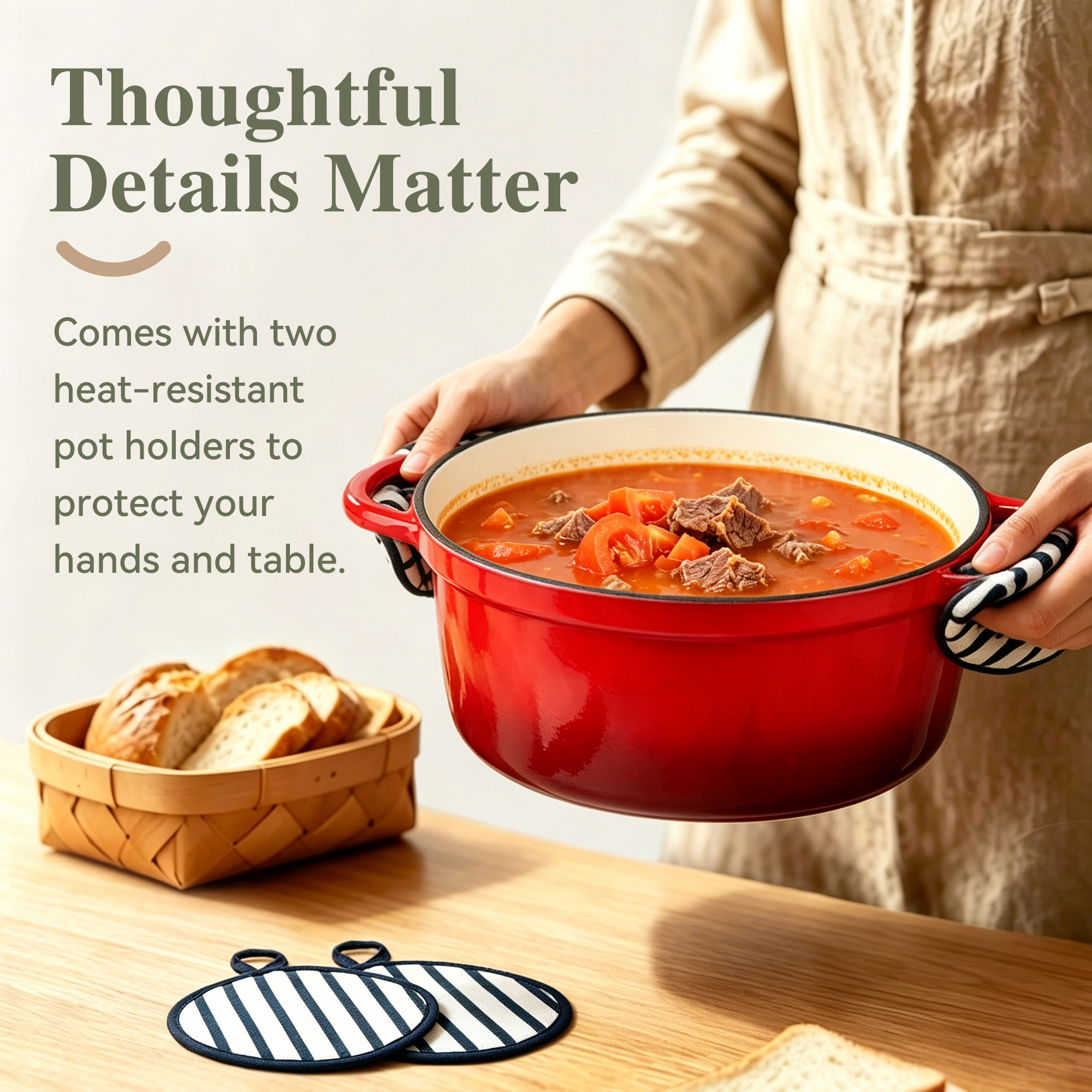 TINANA 5.5-Quart Enameled Cast Iron Dutch Oven, Red photo 6