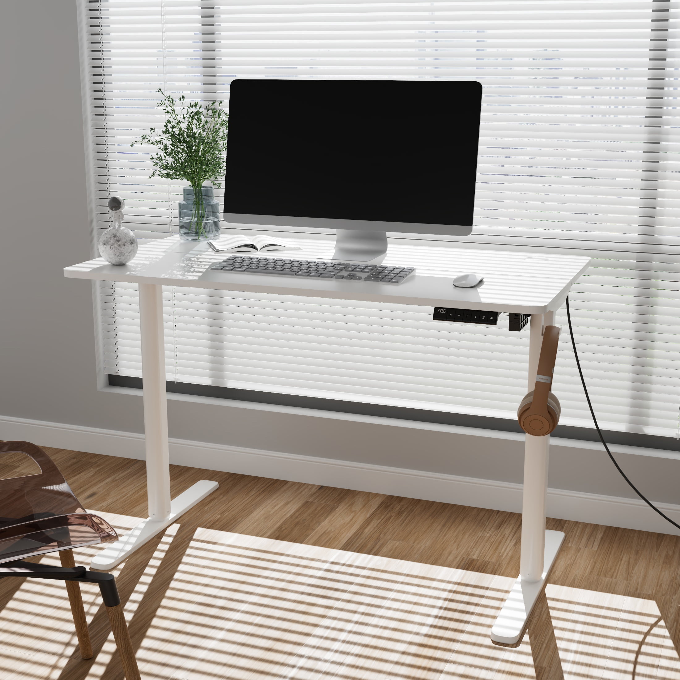 Mainstays Electric Standing Desk with Height Memory Presets, Headphone Hook and Cable Management, White