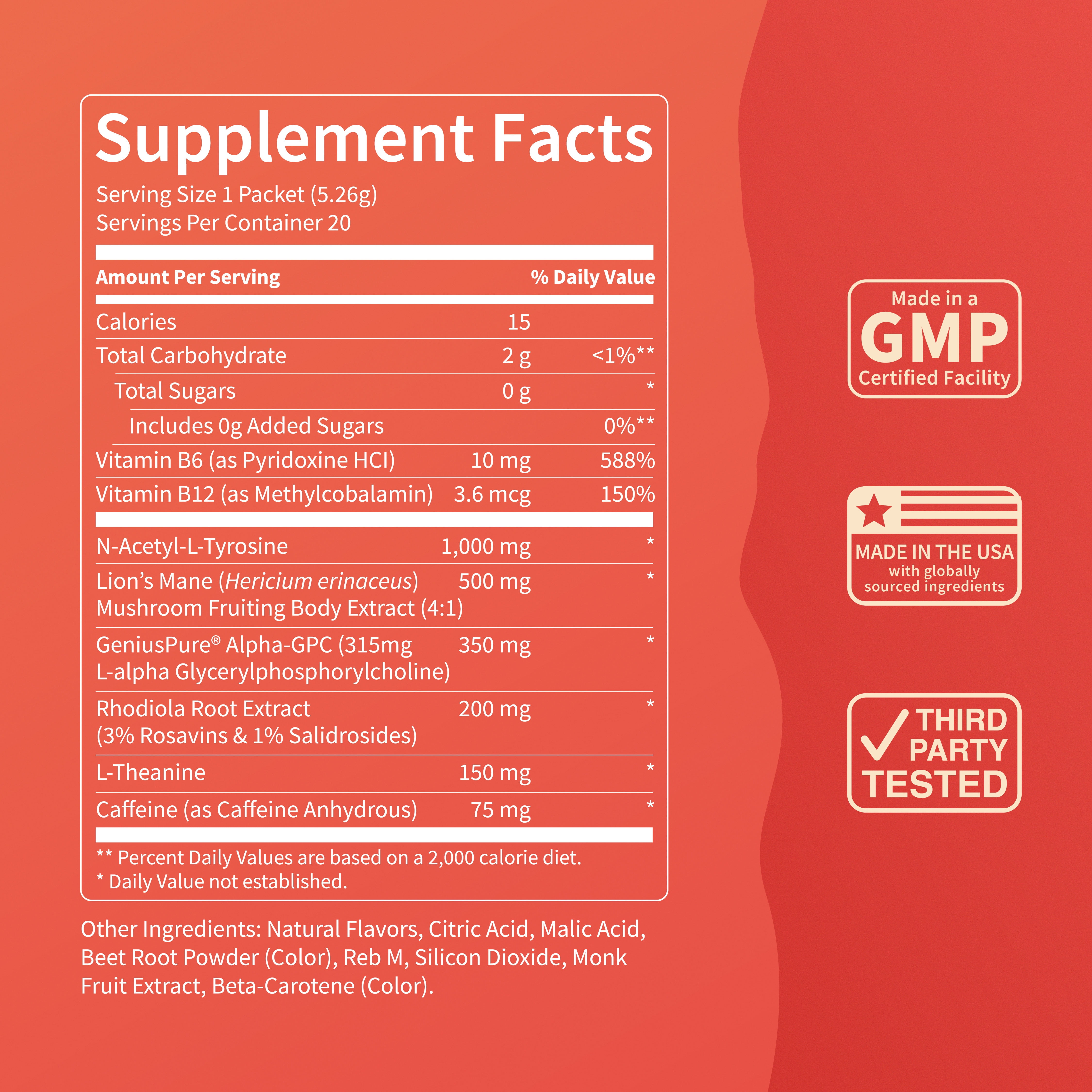 Nello SuperFocus Focus Drink Mix – Fruit Punch Flavor – Alpha GPC, Lion’s Mane, Rhodiola & N-Acetyl L-Tyrosine – Sugar-Free, On-the-Go Packets – 20 Travel Packets - Fruit Punch + Caffeine