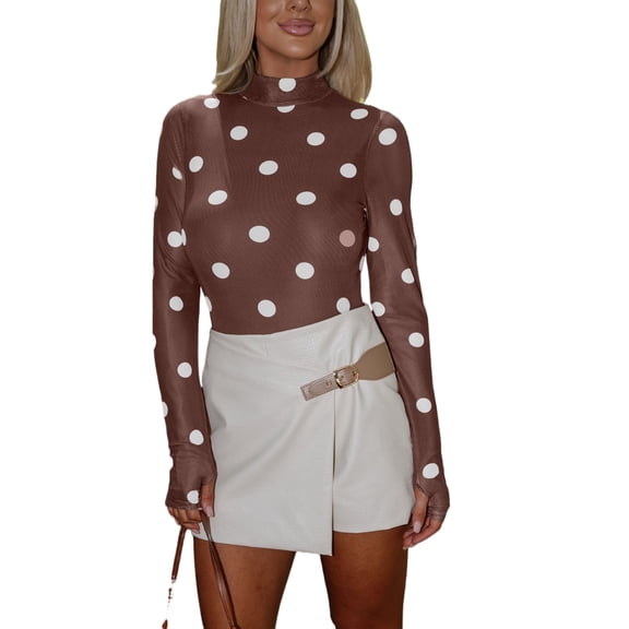 Women's Brown Vintage Polka Dot Mesh Bodysuit – Elegant Long Sleeve for Night Out, XL