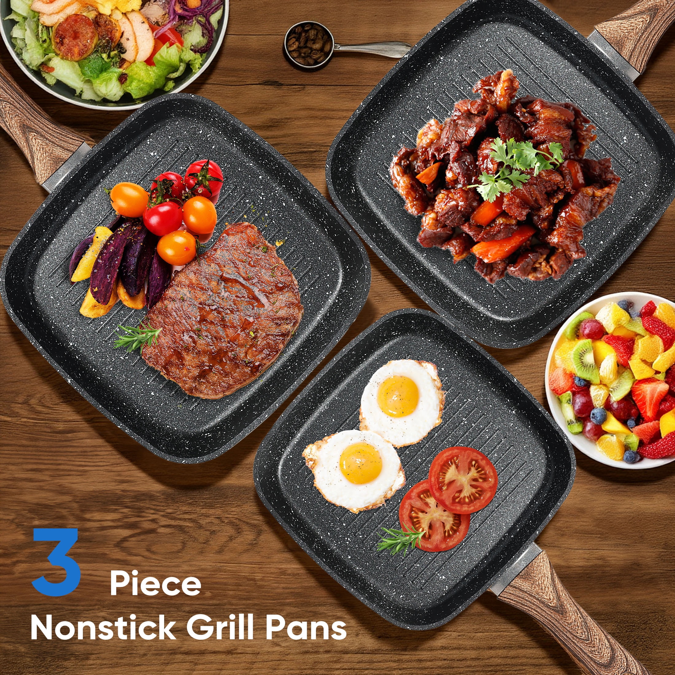 EDX 3 Piece Nonstick Grill Pans, Square Frying Pans Set with Stay Cool Handle ,for Indoor Outdoor RV Camping Cooking, Black