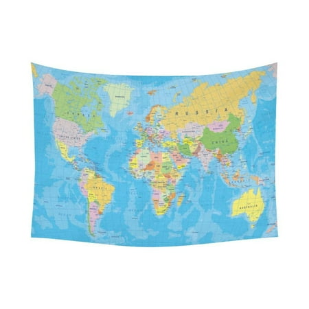 Pure Country Tapestry - PHFZK Educational Wall Art Home Decor, Colored World Map with Countries and Cities Name Tapestry Wall Hanging 80 X 60 Inches
