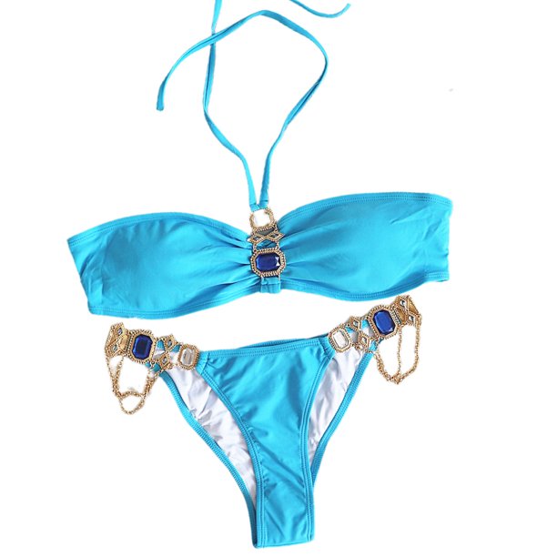 Women's Sexy Tie Shoulders Ribbed Bikini Set High Waisted String Bikini