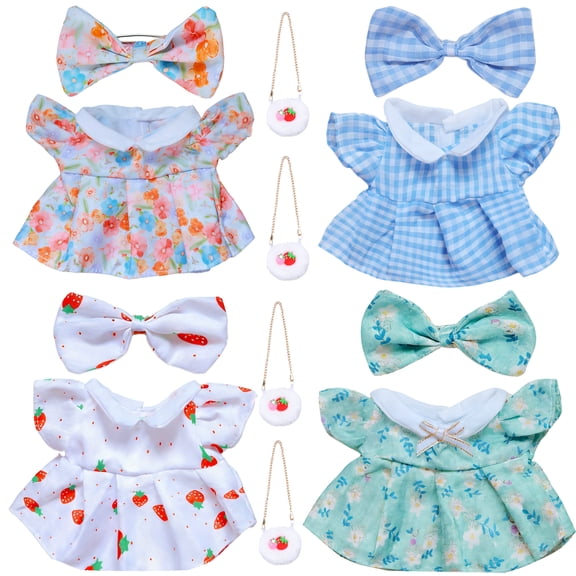 20cm Cotton Doll Clothes Set, 12-Piece Dress Outfit Pack (4 Doll Dresses   4 Bow Headbands   4 Strawberry Mini Bags), Fits 20cm Plush Cotton Dolls