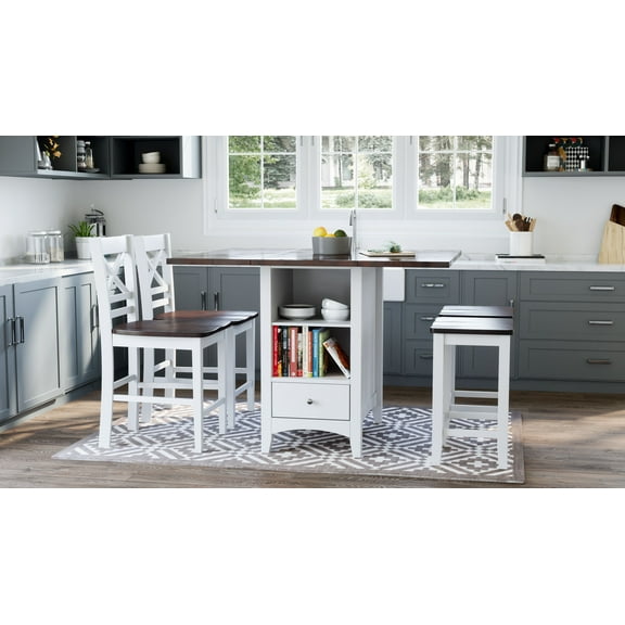 Asbury Park Solid Acacia Farmhouse Storage Counter Drop Leaf Dining Table with Storage and Wine Rack