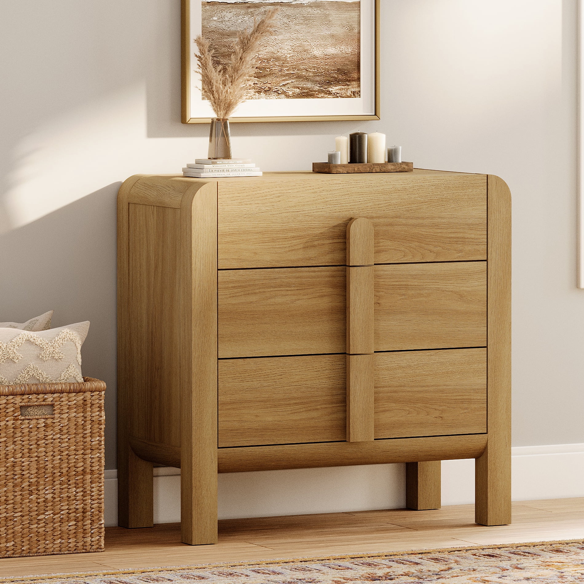 Modern Wood 3-Drawer Dresser with Curved Profile Design, Mid Century Dresser Organizer Storage for Bedroom,Living room, Entryway