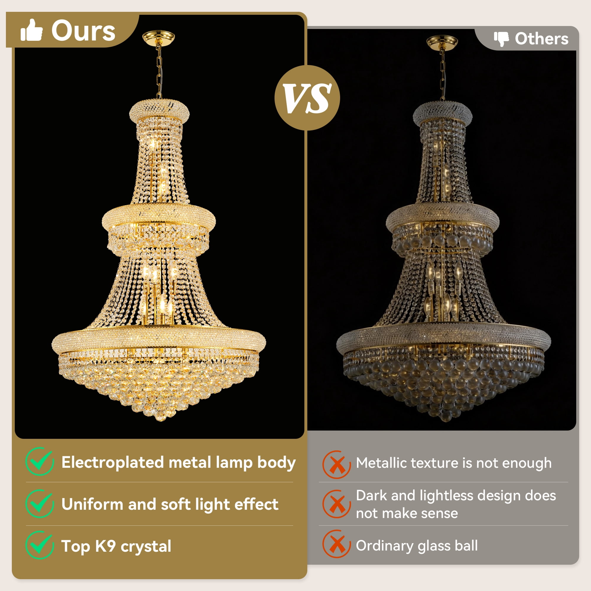 32-Inch Gold Crystal Chandelier, 27-Light French Empire Ceiling Light with LED Bulbs, Adjustable 59-Inch Chain, 3000K Warm Light, Ideal for Living Room, Dining Room, and Foyer
