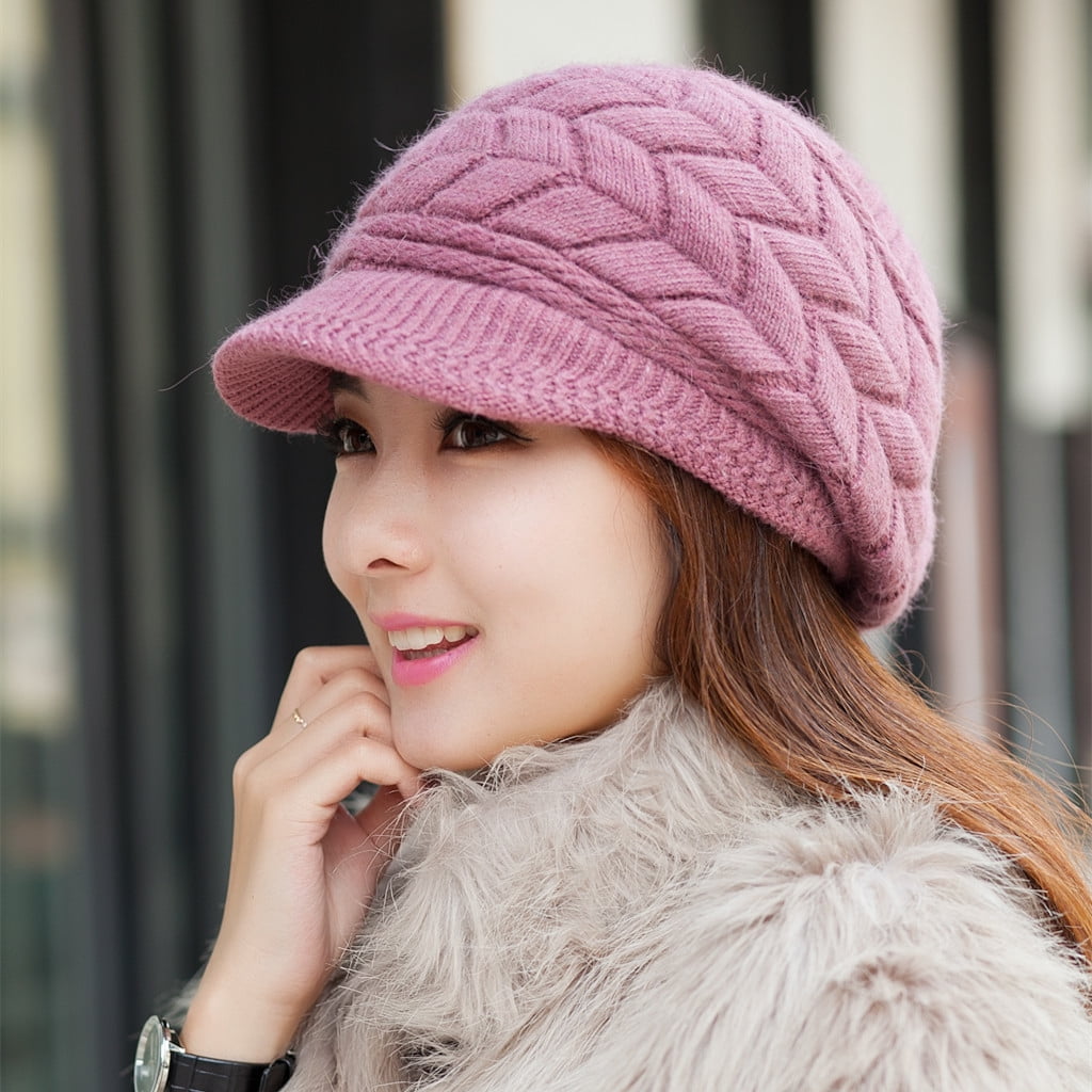 Warm Plush Fleece Lined Womens Winter Elegant Cable Flower Knitted Newsboy Cabbie Cap Beret Beanie Hat with Visor 