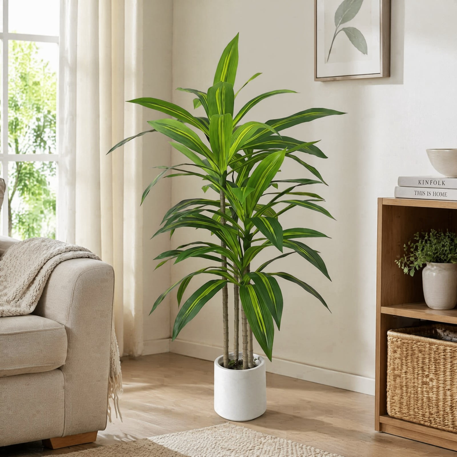 BEAUTYPEAK 4FT Artificial Dracaena Tree Fake Plants for Indoor Outdoor Decor, Upgraded White Pot