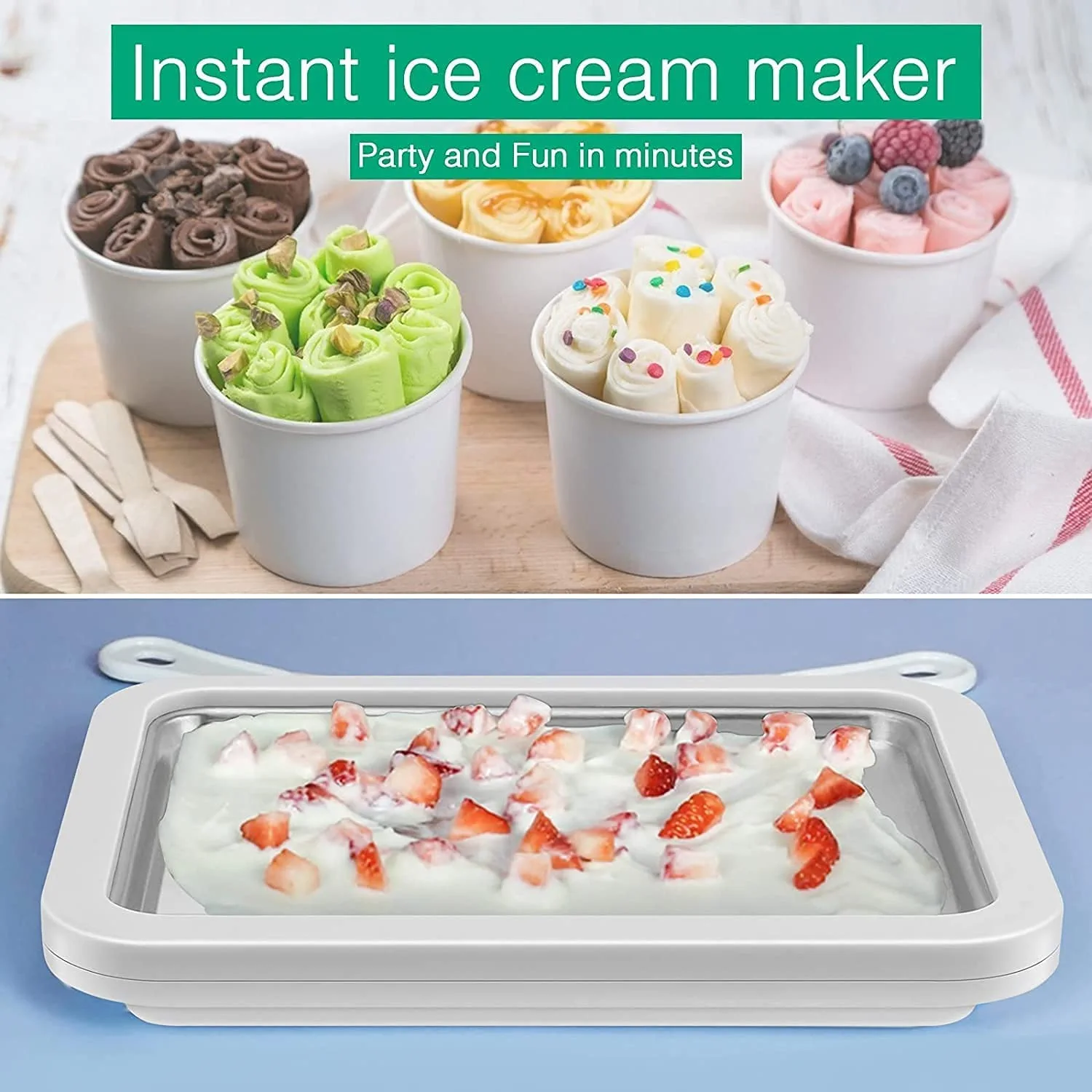 Eb Ice Cream Maker/Pan/Roll - Frozen Yogurt, Sorbet, Gelato - Family Fun, Healthy Alternative DIY at Home (Turquoise)