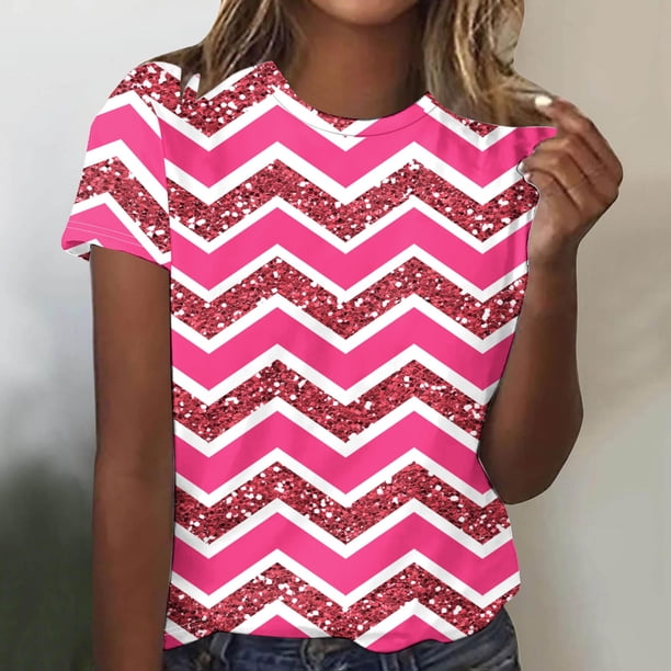 Fiudx Ofertas Flash Del Día Camiseta de Manga Corta con Cuello Redondo y Estampado a Rayas Informal a La Moda para Mujer