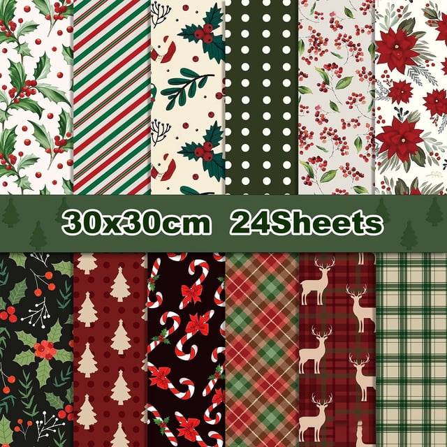 YAOMOBB Christmas Scrapbooking Paper Pack featuring 24 double-sided sheets with 12 unique designs, including Christmas trees, flowers, elk, red and green plaid, and candy canes. Each sheet measures 30cm x 30cm (12x12 inches) and is made of eco-friendly paper, ideal for crafting, scrapbooking, gift wrapping, and more.