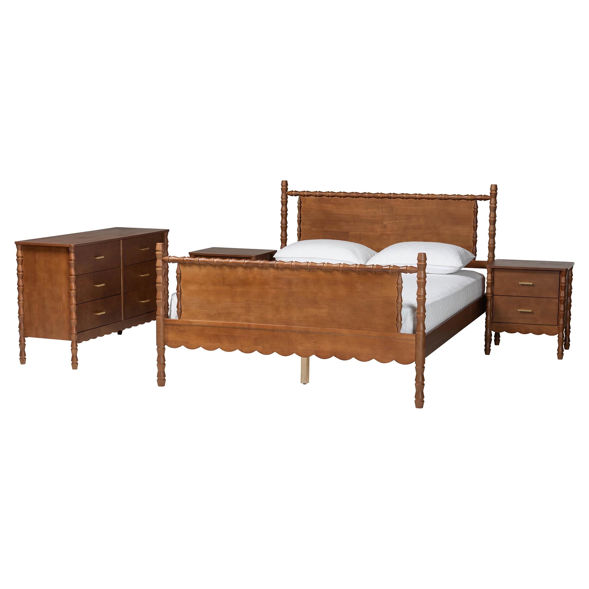 Baxton Studio Danette Modern Bedroom Set, 4-Piece with Two Nightstands, Queen, Walnut Brown