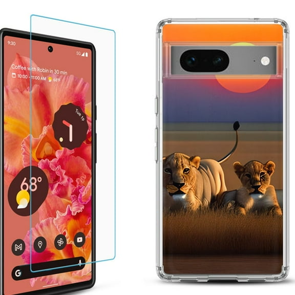 OneToughShield ® for Google Pixel 7a Shockproof Bumper Phone Case, with Tempered Glass Screen Protector - Lion Sunset