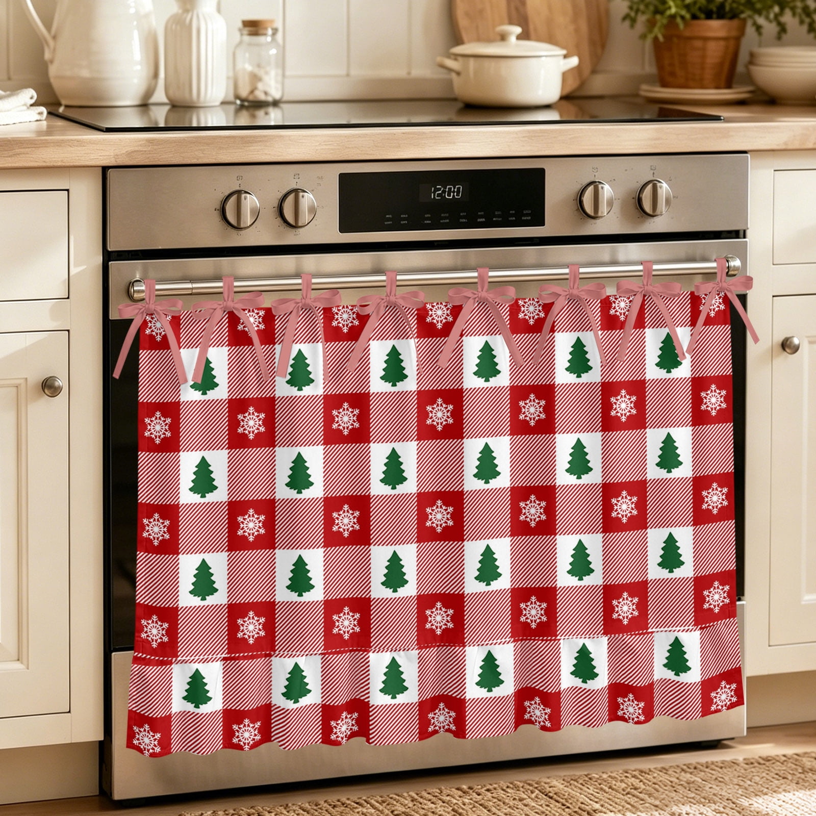 Oven Curtain for Kitchen Christmas Winter Snowflakes and Pine Tree Stove Curtain With Ruffled Trim Dishwasher Curtains Farmhouse Retro Lattice Oven Skirt 32 x24