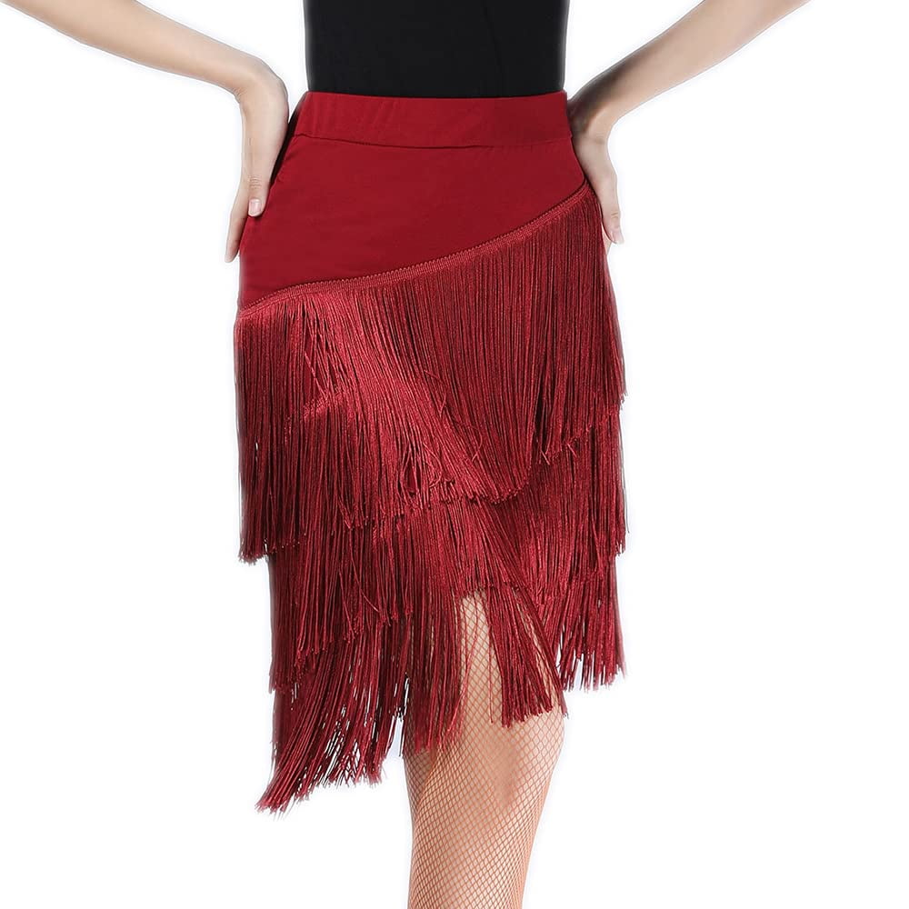 YM YOUMU Women Asymmetry Tassel Latin Dance Skirt Split Leg Fringe