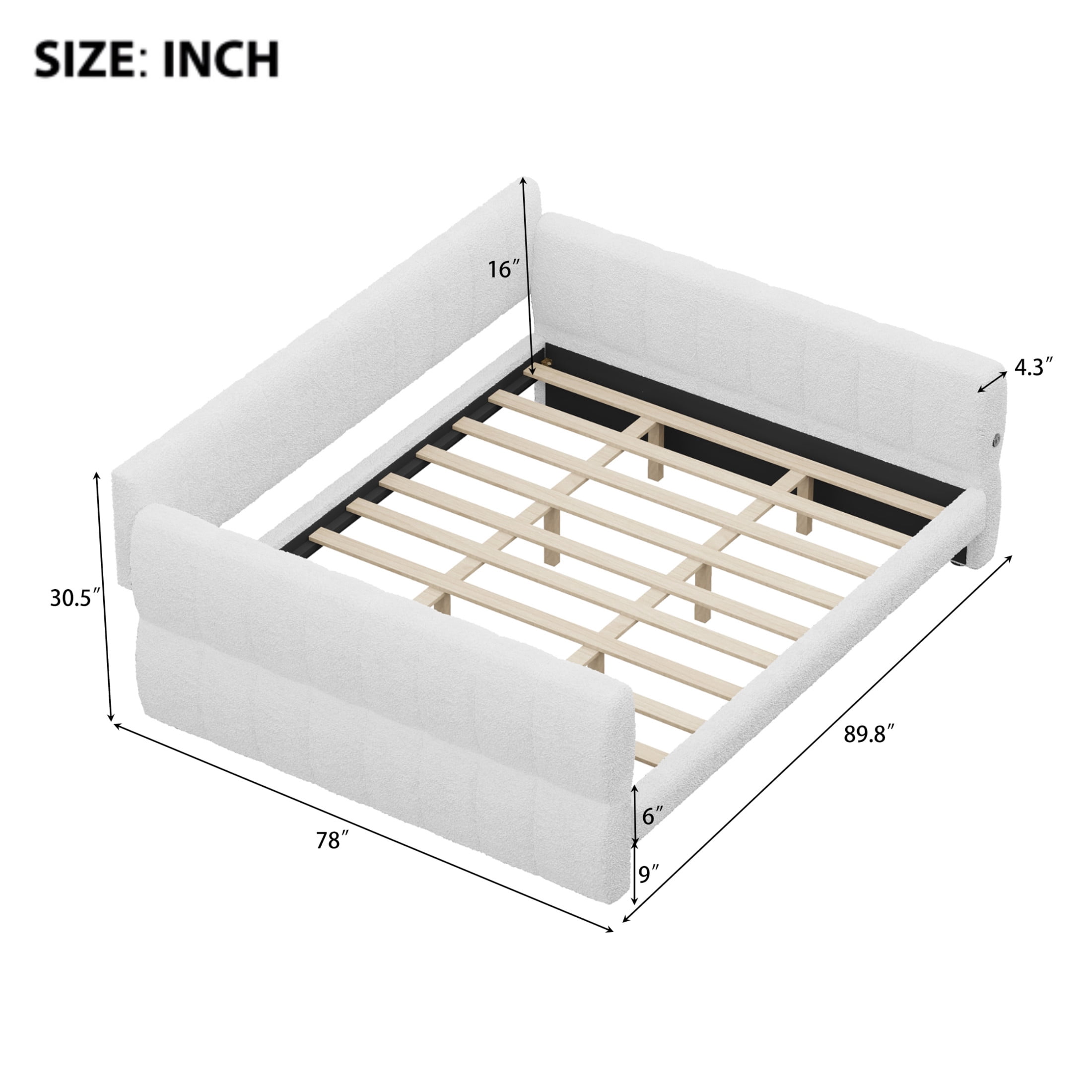 Noble House King Size Lambswool Upholstered Platform Bed, Pine Wood Bed Frame with USB Charging Port, White