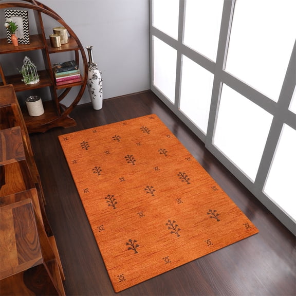 Rugsotic Carpets Hand Knotted Wool Area Rug 3'x5' Orange Brown Contemporary Rectangle Indoor Rug for Living Room, Bedroom Antimicrobial L00501